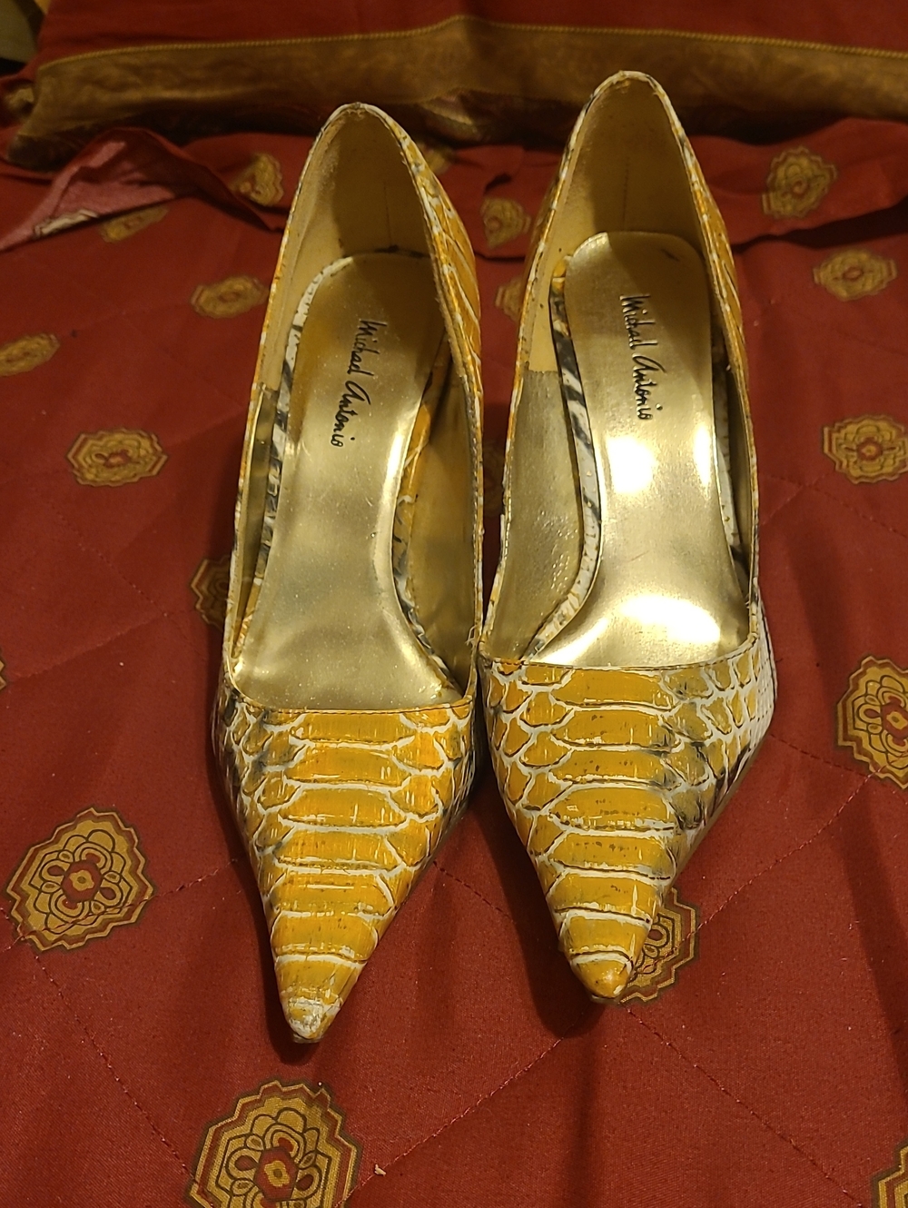 Michael Antonio Yellow Croc-Embossed Pointed Toe Pumps